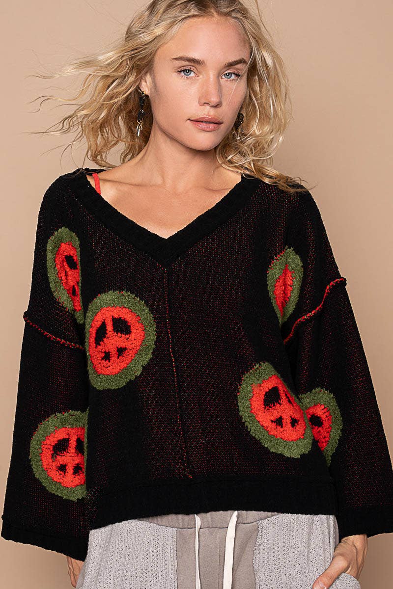 V neck long sleeve peace berber print sweater