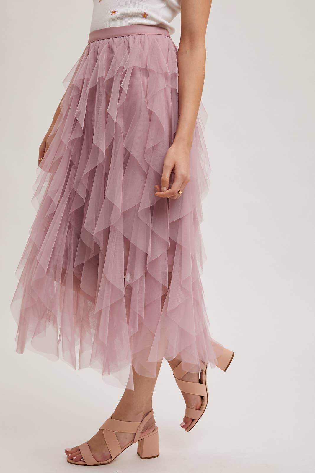 BluIvy SPIRIAL RUFFLED TULLE MIDI SKIRT