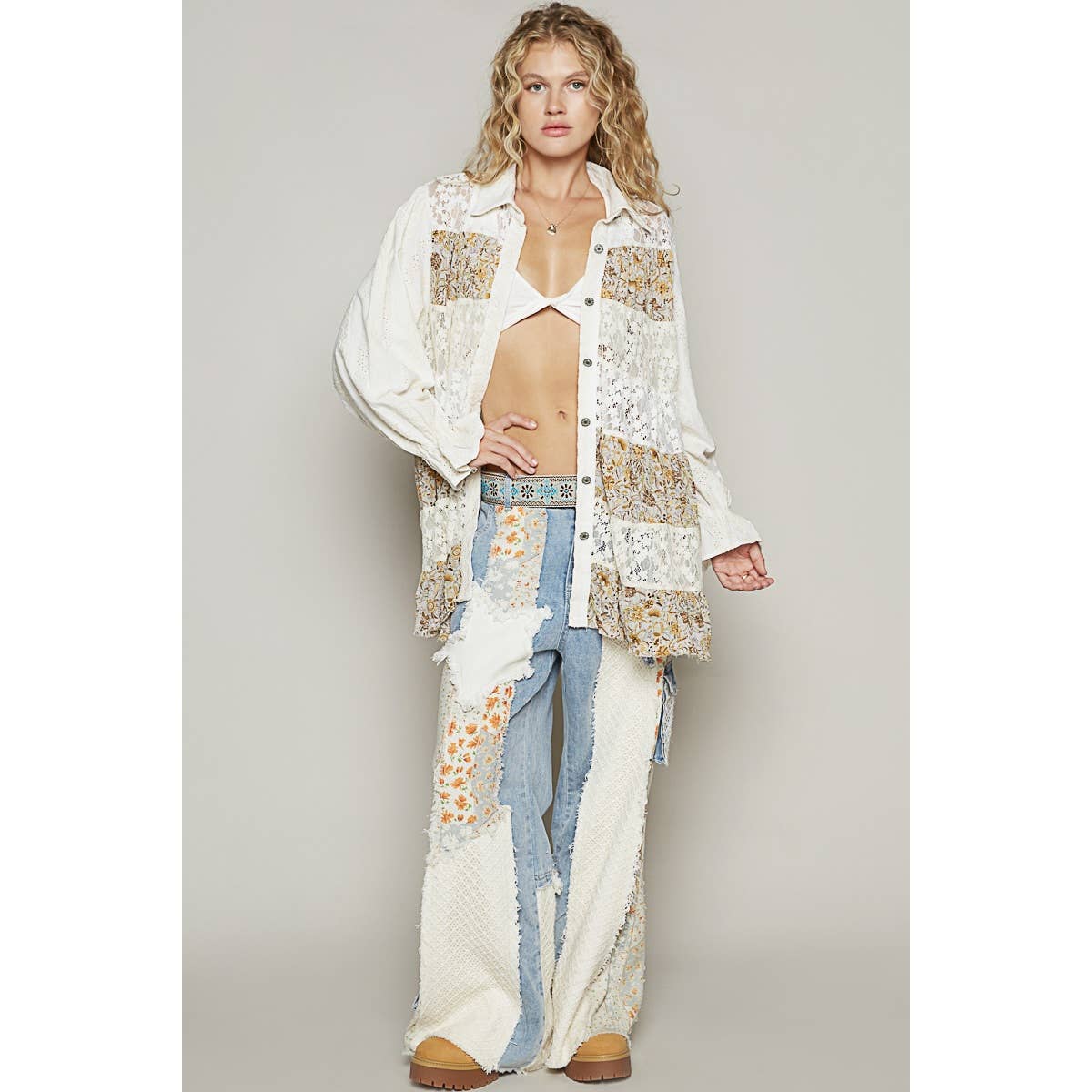 POL Balloon sleeve floral print lace patch shirt dress