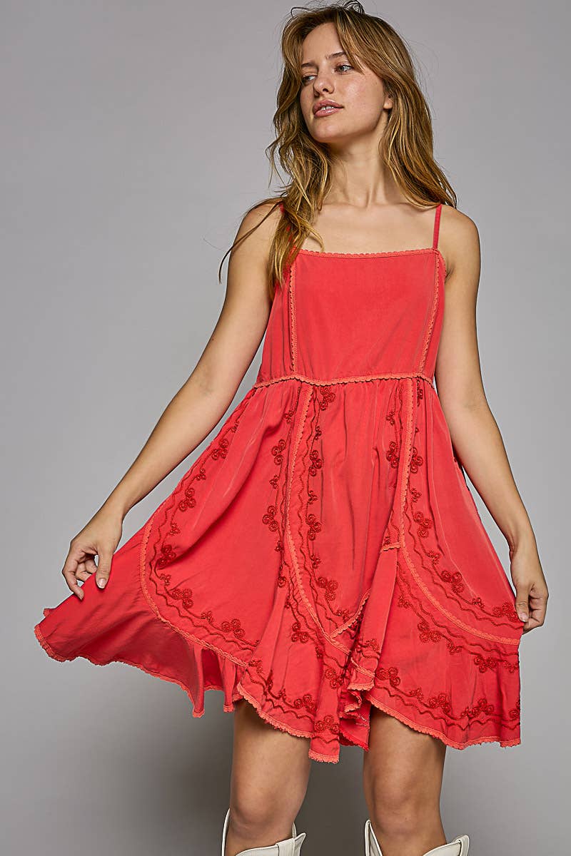 POL embroidery back smocking mini dress