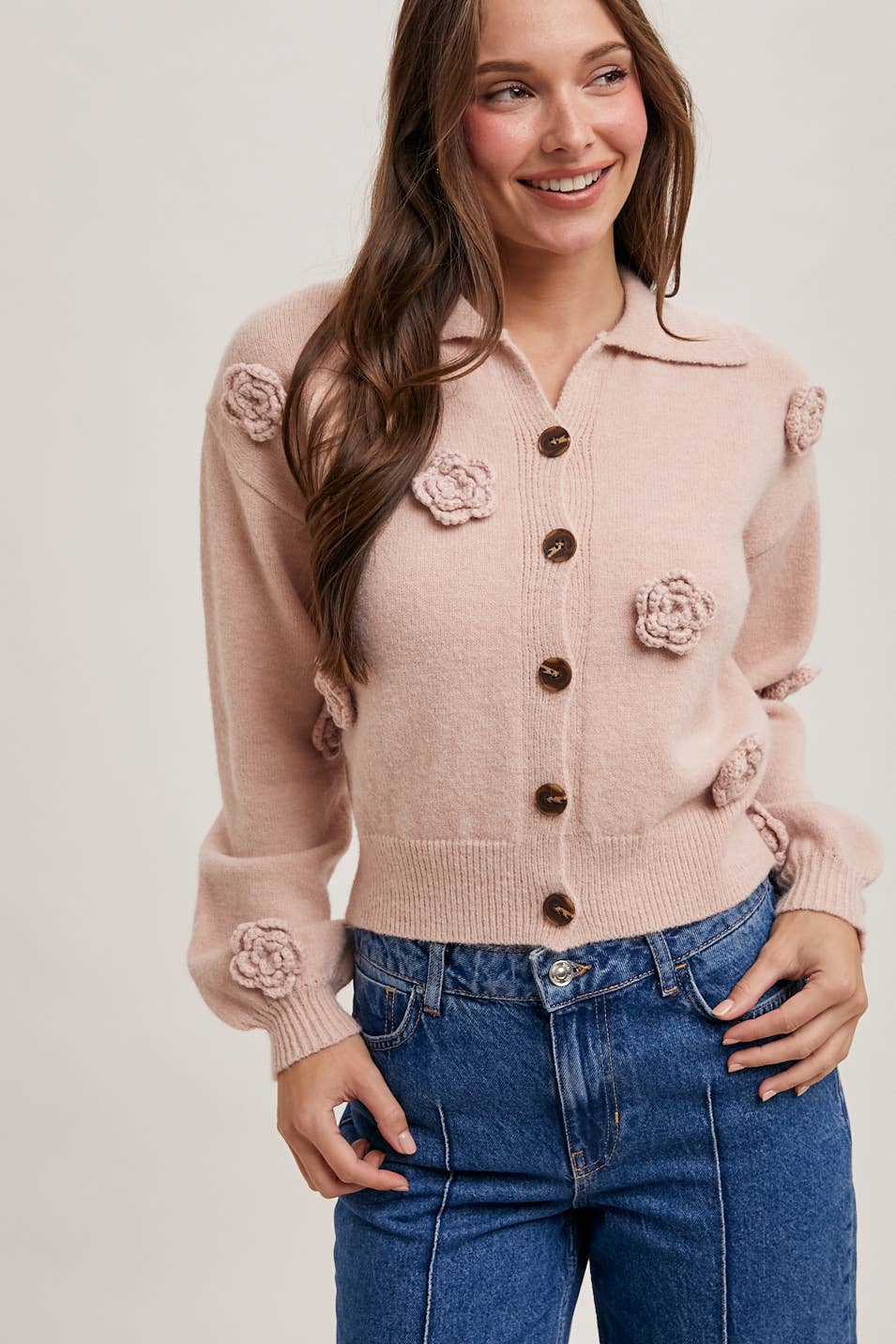 BLUIVY FLORAL EMBROIDERY BUTTON DOWN COLLAR KNIT CARDIGAN