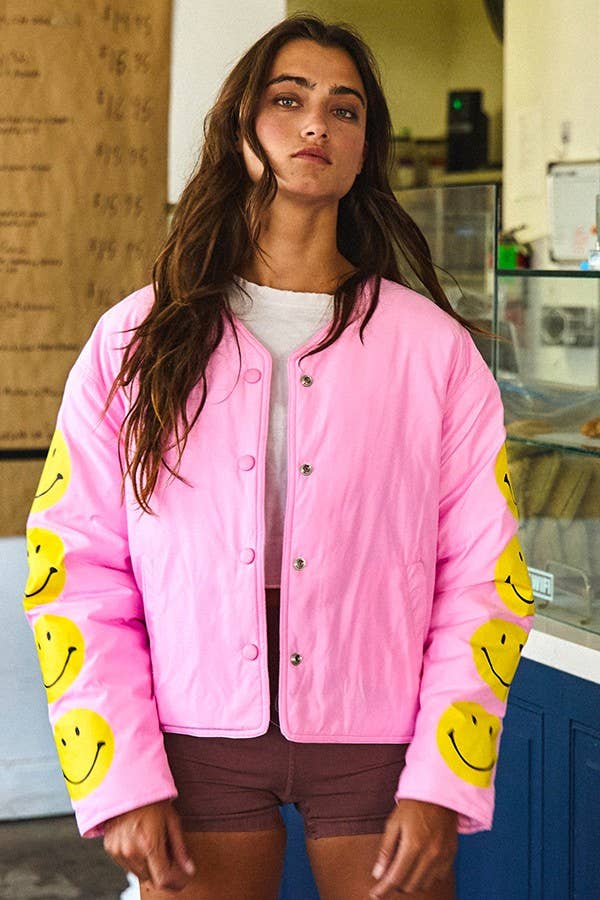 IJ3134 Puffer Jacket With Smiley Face Sleeve Details