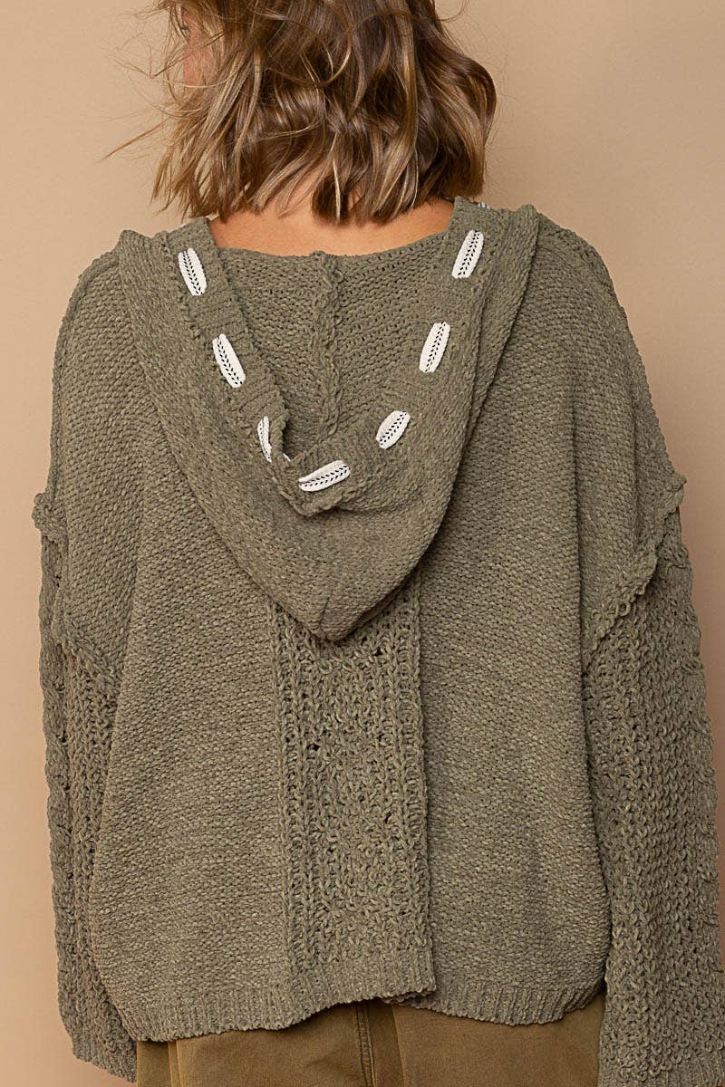 Oversize fit v-neck hooded cable knit chenille sweater