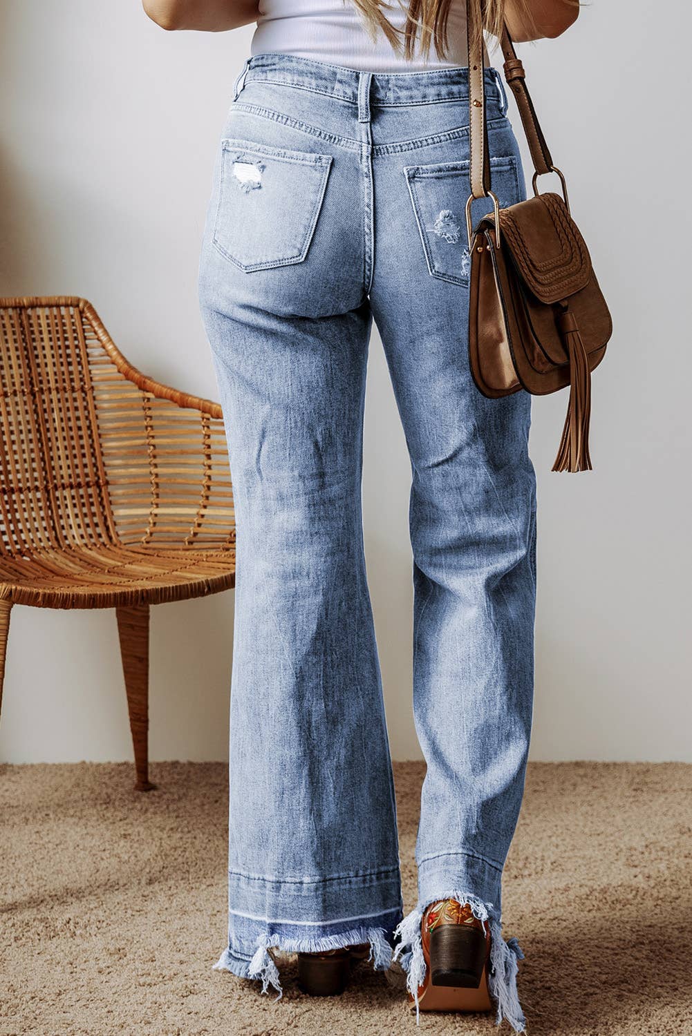Acid Wash Raw Hem High Waist Flared Jeans