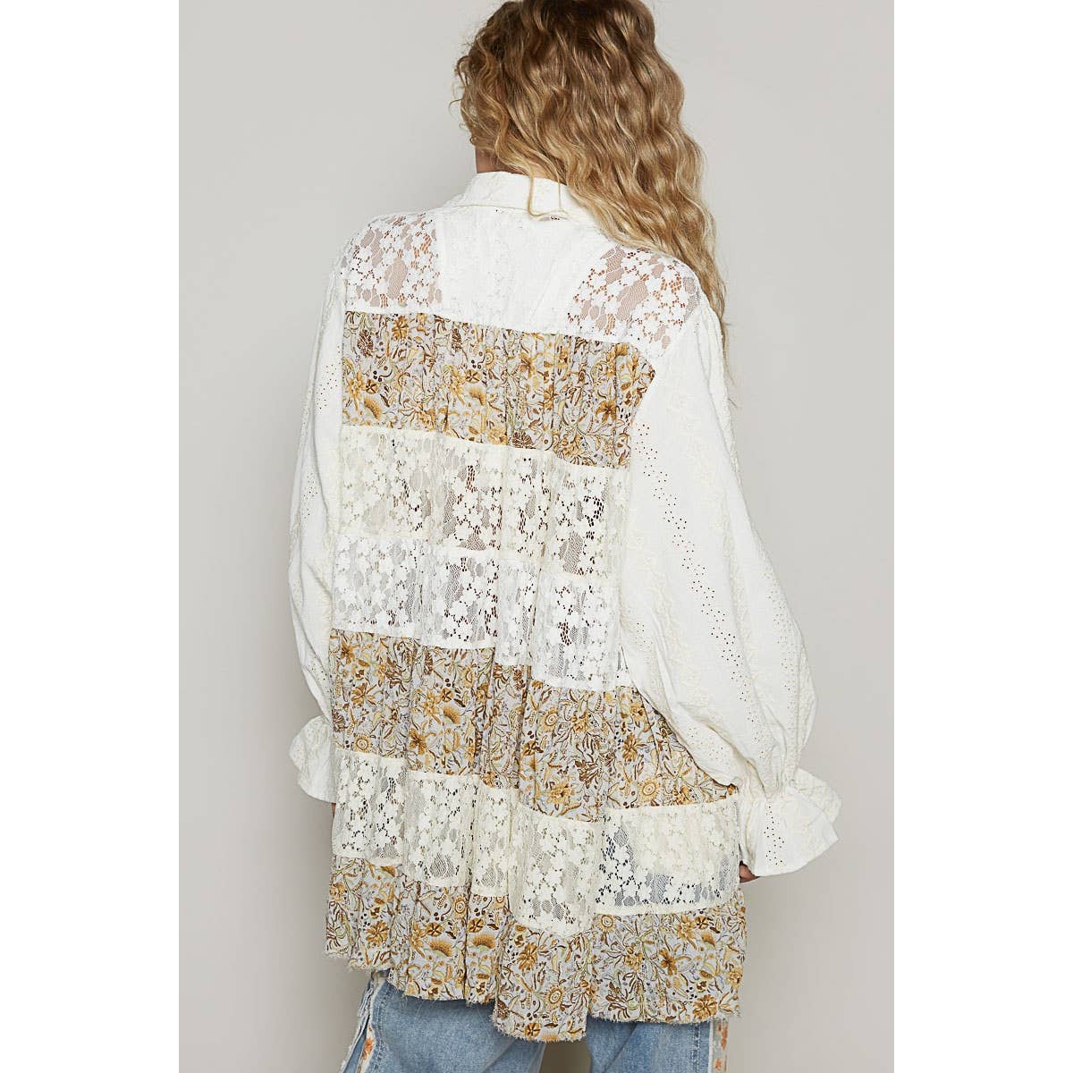 POL Balloon sleeve floral print lace patch shirt dress