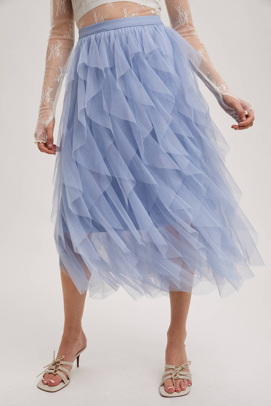BluIvy SPIRIAL RUFFLED TULLE MIDI SKIRT