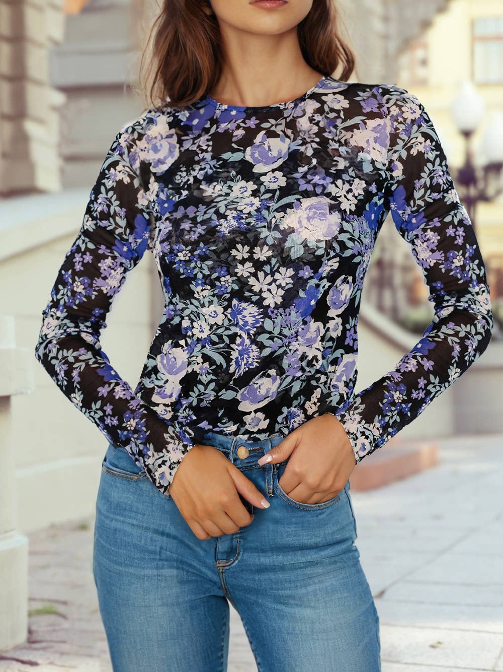 Floral Print Mesh Fitted Long Sleeve Top