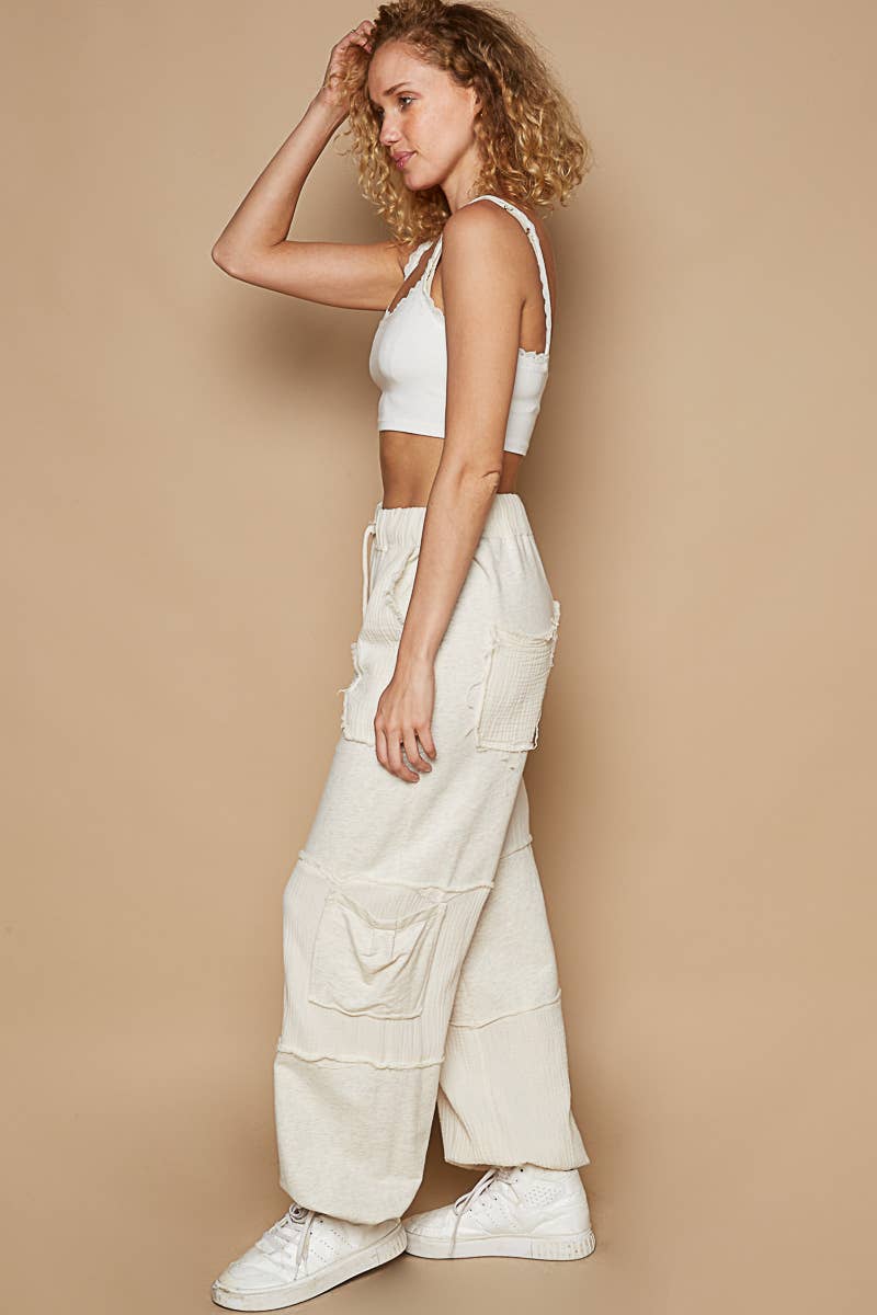 Contrast gauze open cargo pockets elastic waist joggers