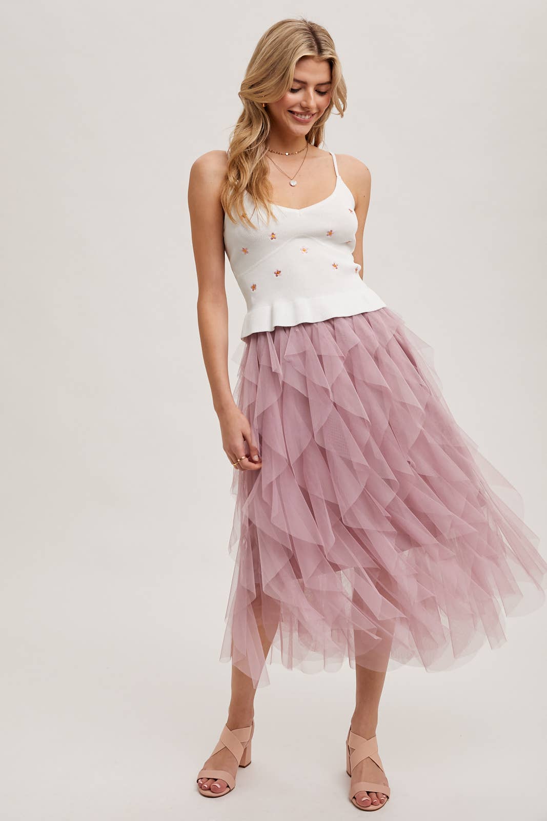 BluIvy SPIRIAL RUFFLED TULLE MIDI SKIRT
