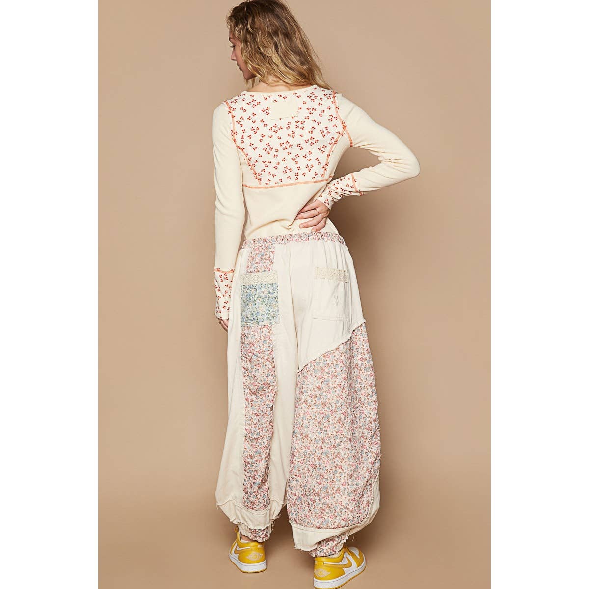 POL Floral print patchwork twill joger pants
