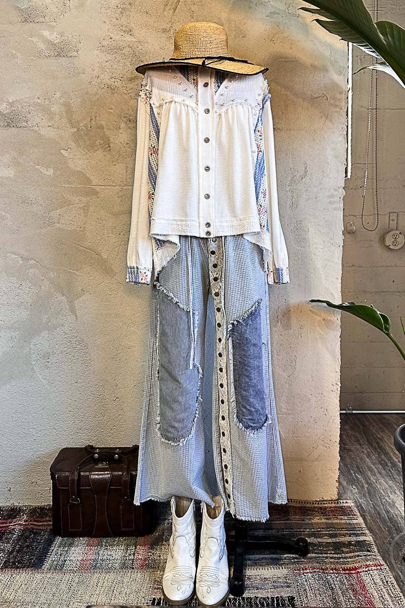 POL Contrast floral twill front snap-button pants
