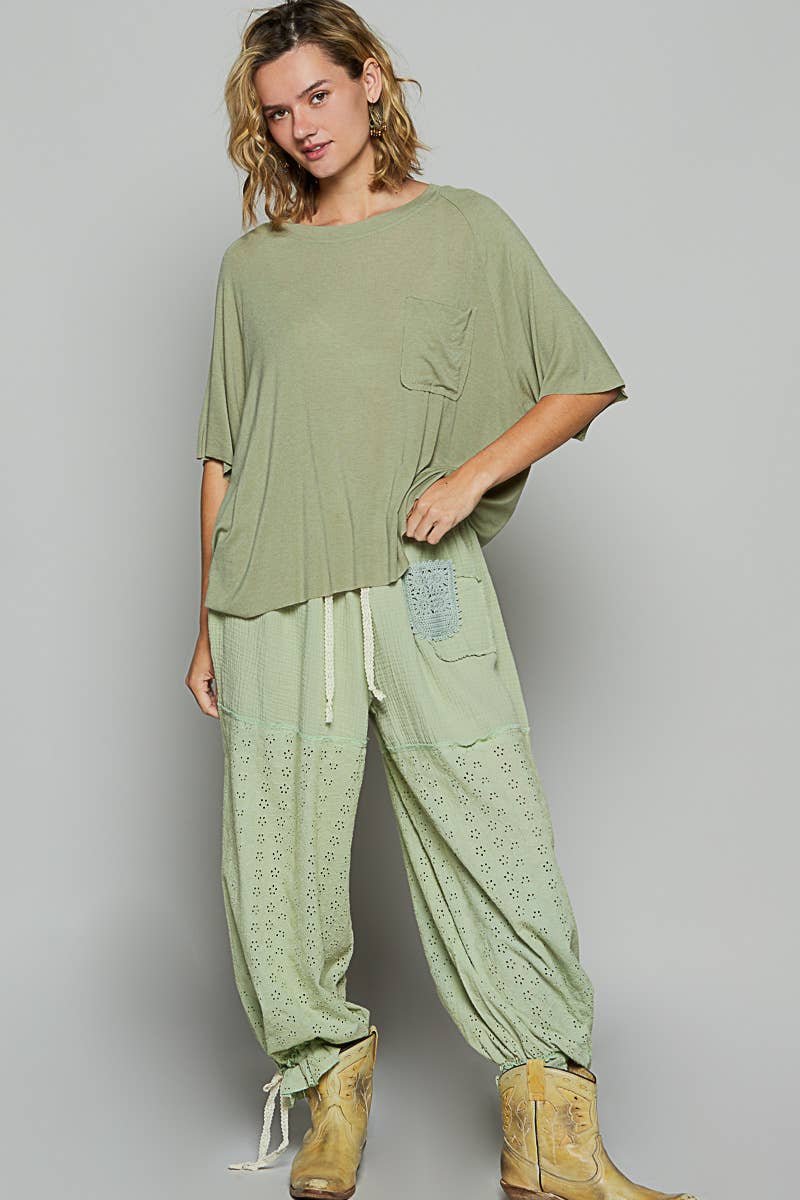 Vintage washed short sleeve front pocket solid top