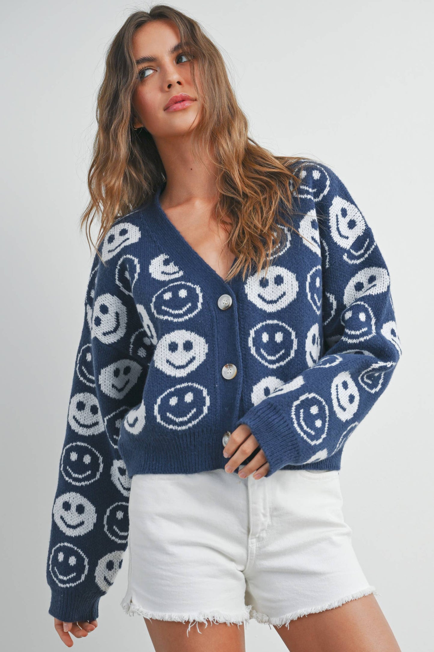 BMW7418 - SMILEY FACE RIBBED TRIM V-NECK CARDIGAN Blue