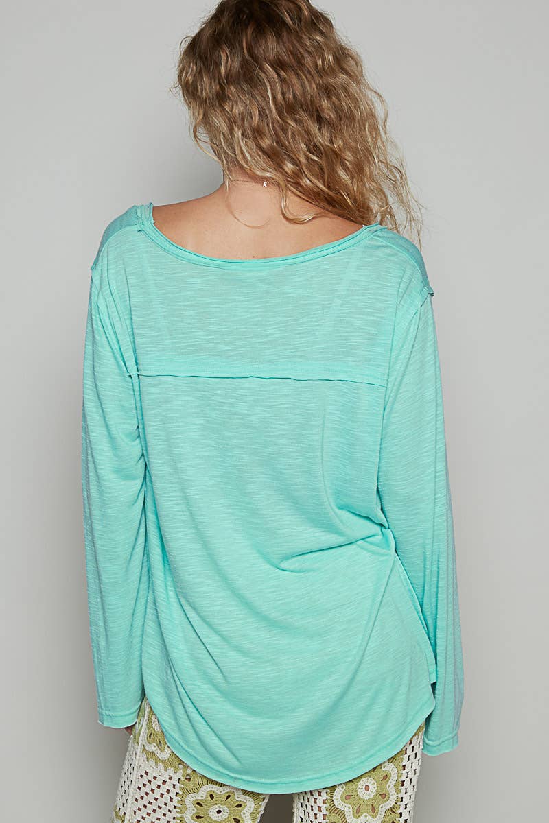 Pocket front long sleeve boat neck slub knit tee SALE
