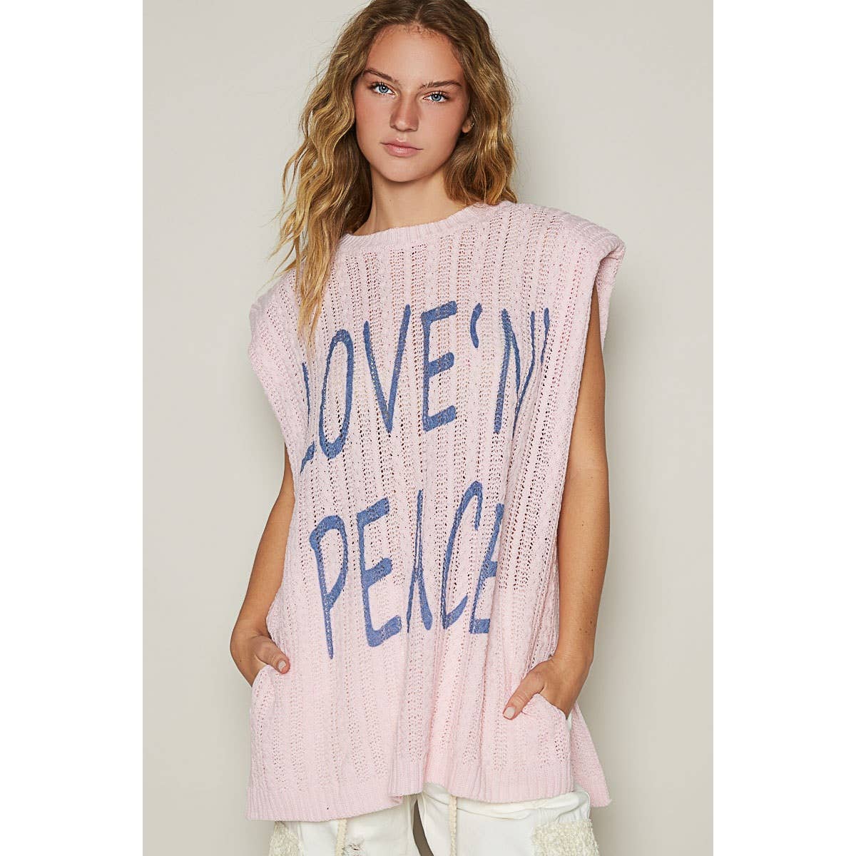 Graphic lettering round sleeveless top