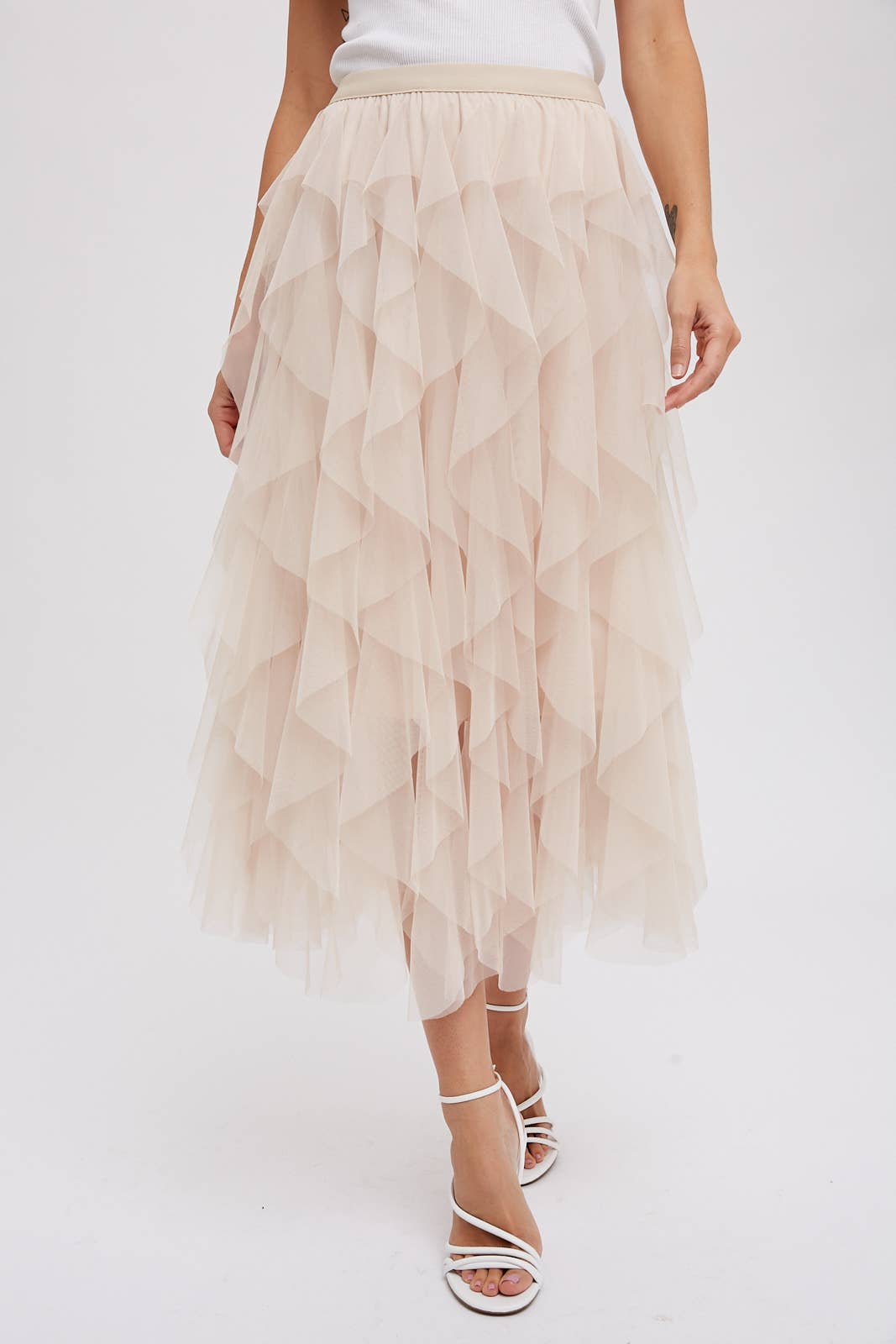 BluIvy SPIRIAL RUFFLED TULLE MIDI SKIRT
