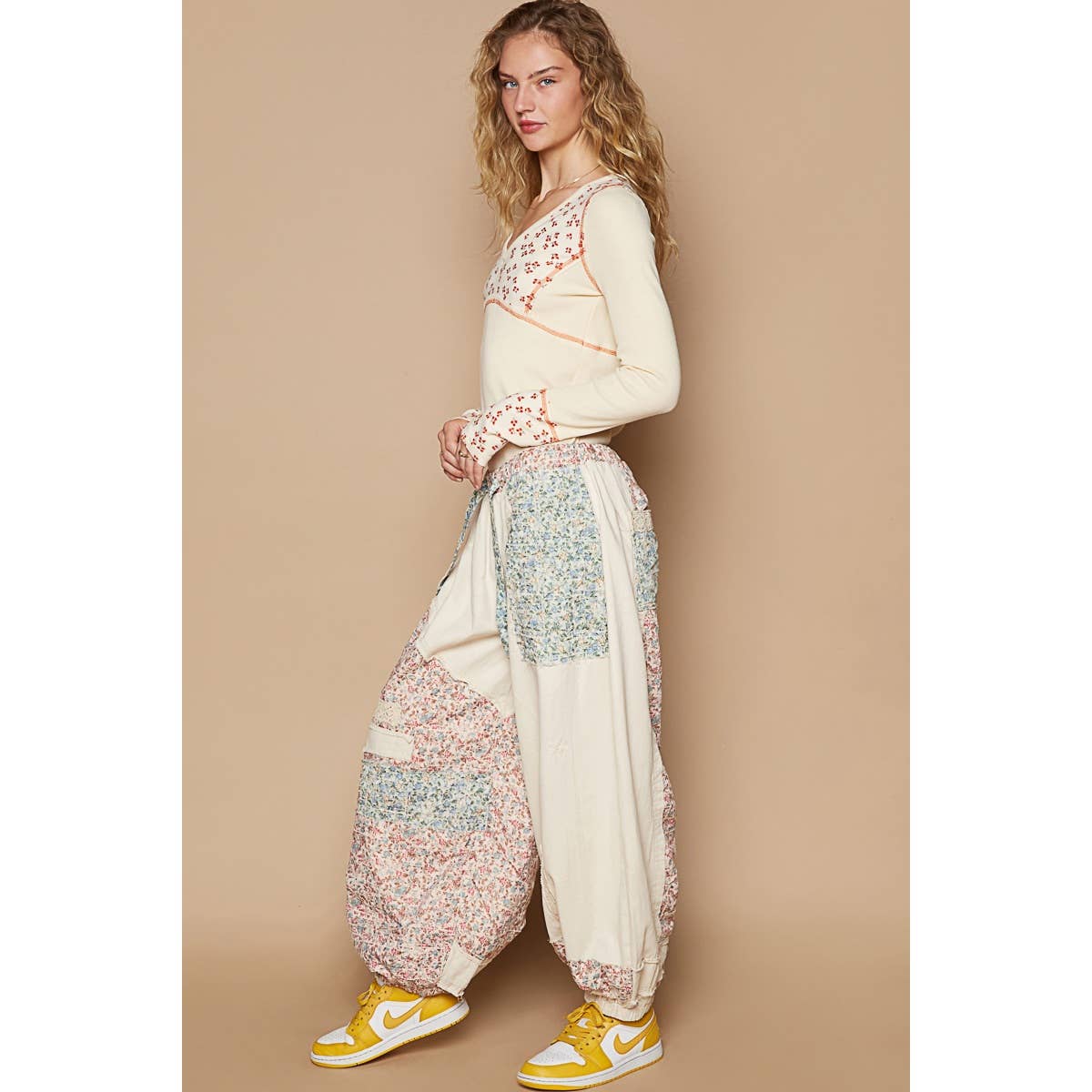 POL Floral print patchwork twill joger pants