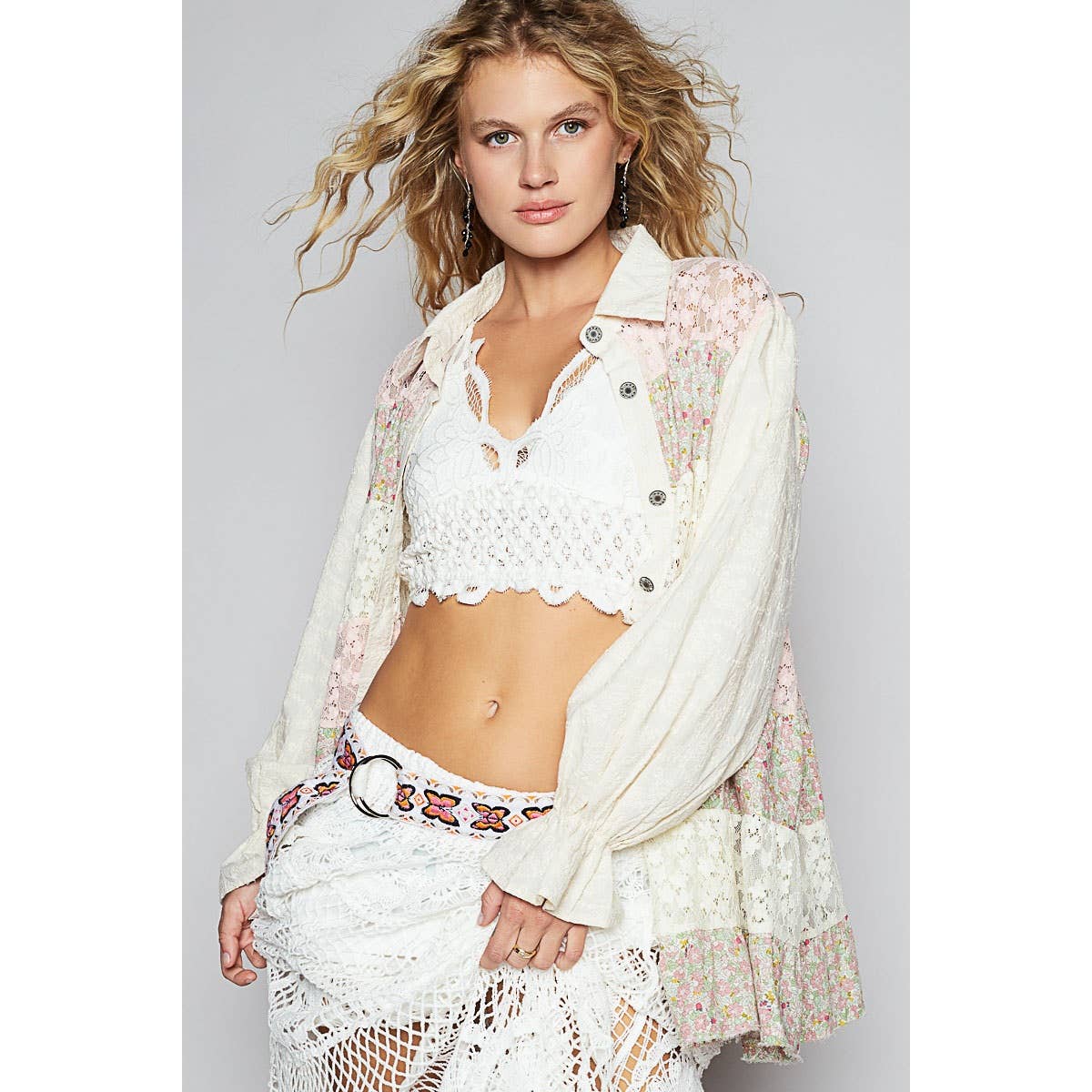 POL Balloon sleeve floral print lace patch shirt dress