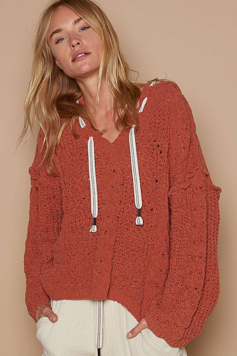 Oversize fit v-neck hooded cable knit chenille sweater