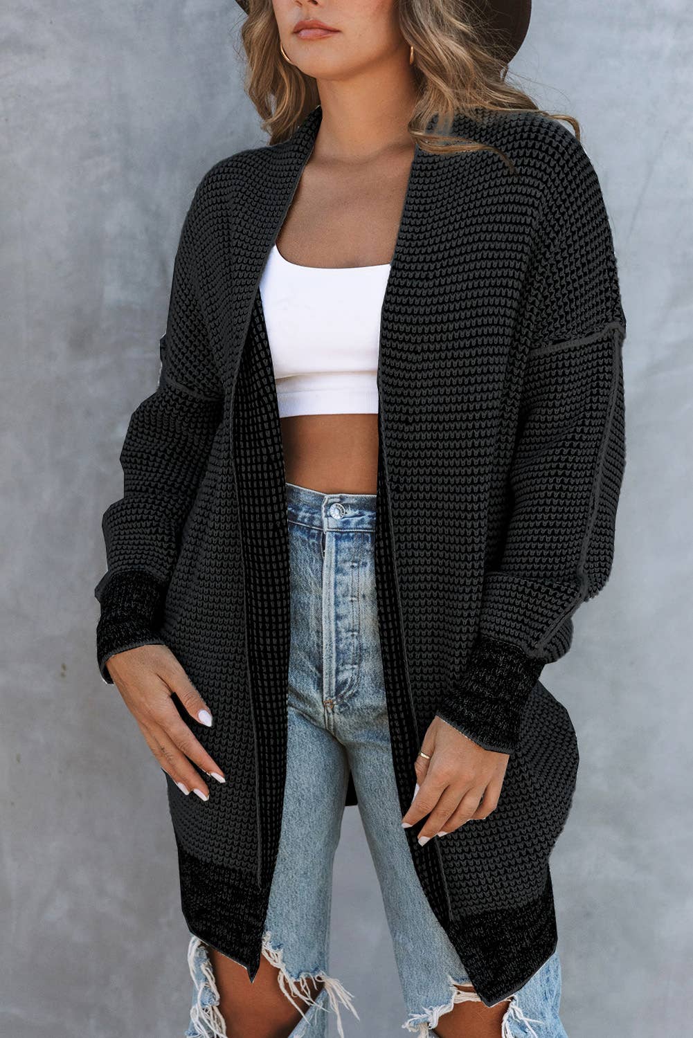Plaid Knitted Long Open Front Cardigan