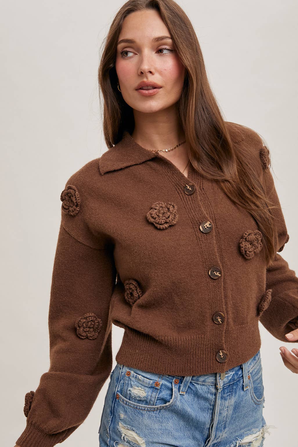 BLUIVY FLORAL EMBROIDERY BUTTON DOWN COLLAR KNIT CARDIGAN