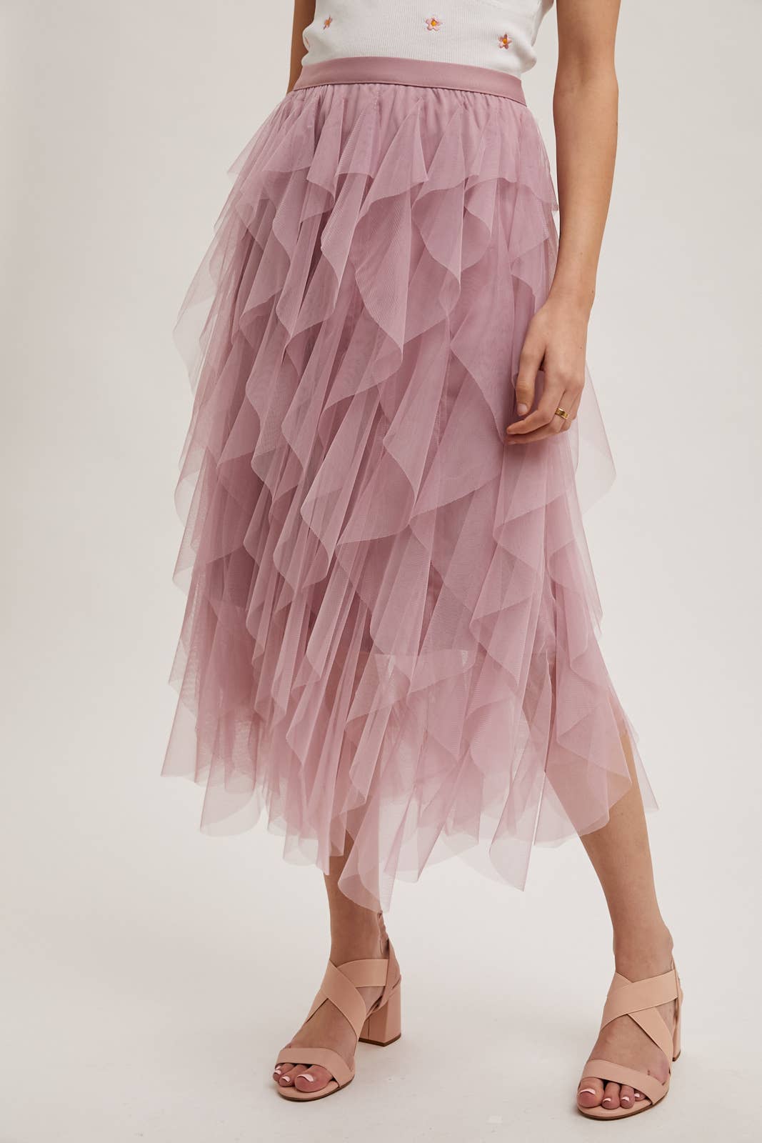 BluIvy SPIRIAL RUFFLED TULLE MIDI SKIRT