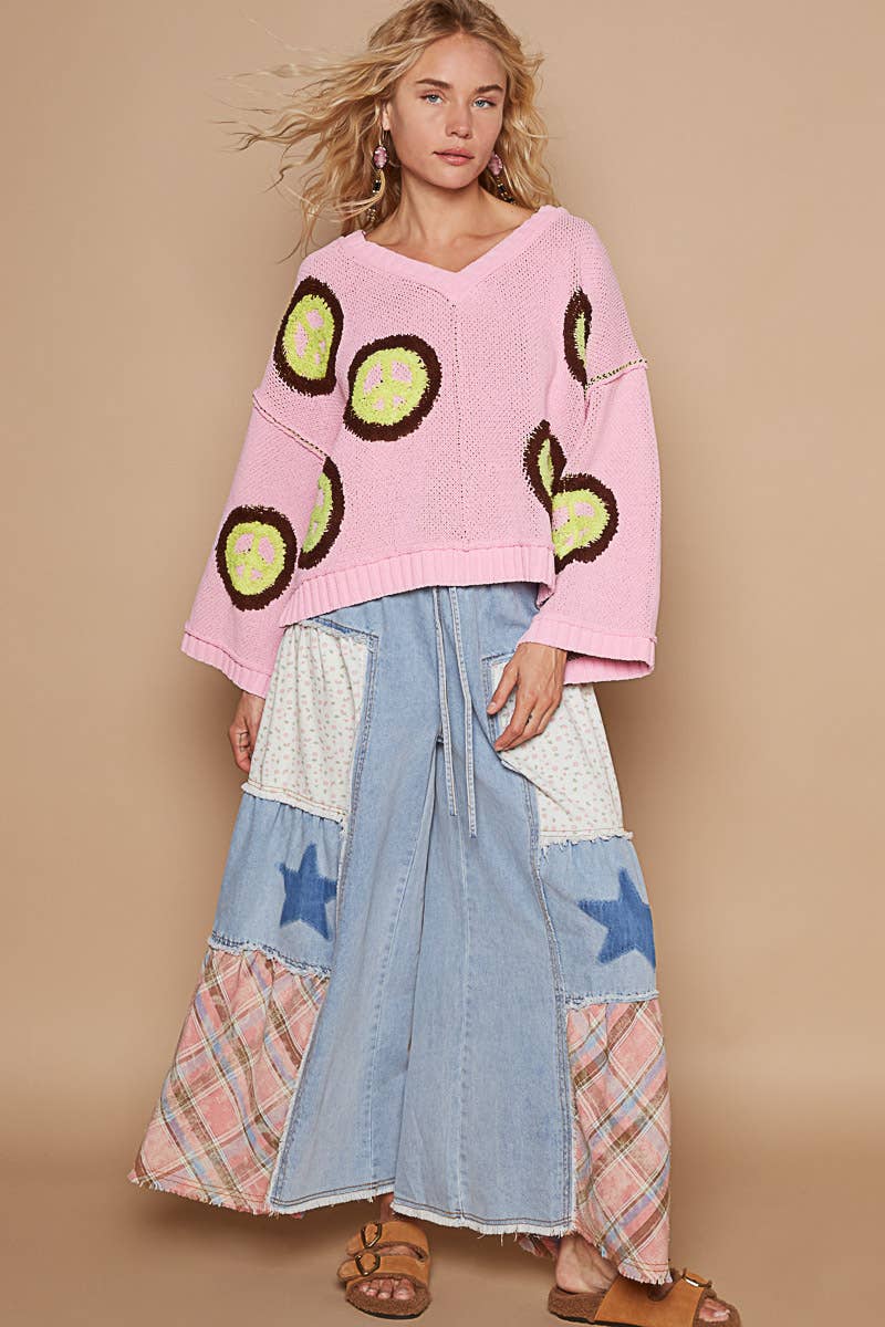 V neck long sleeve peace berber print sweater