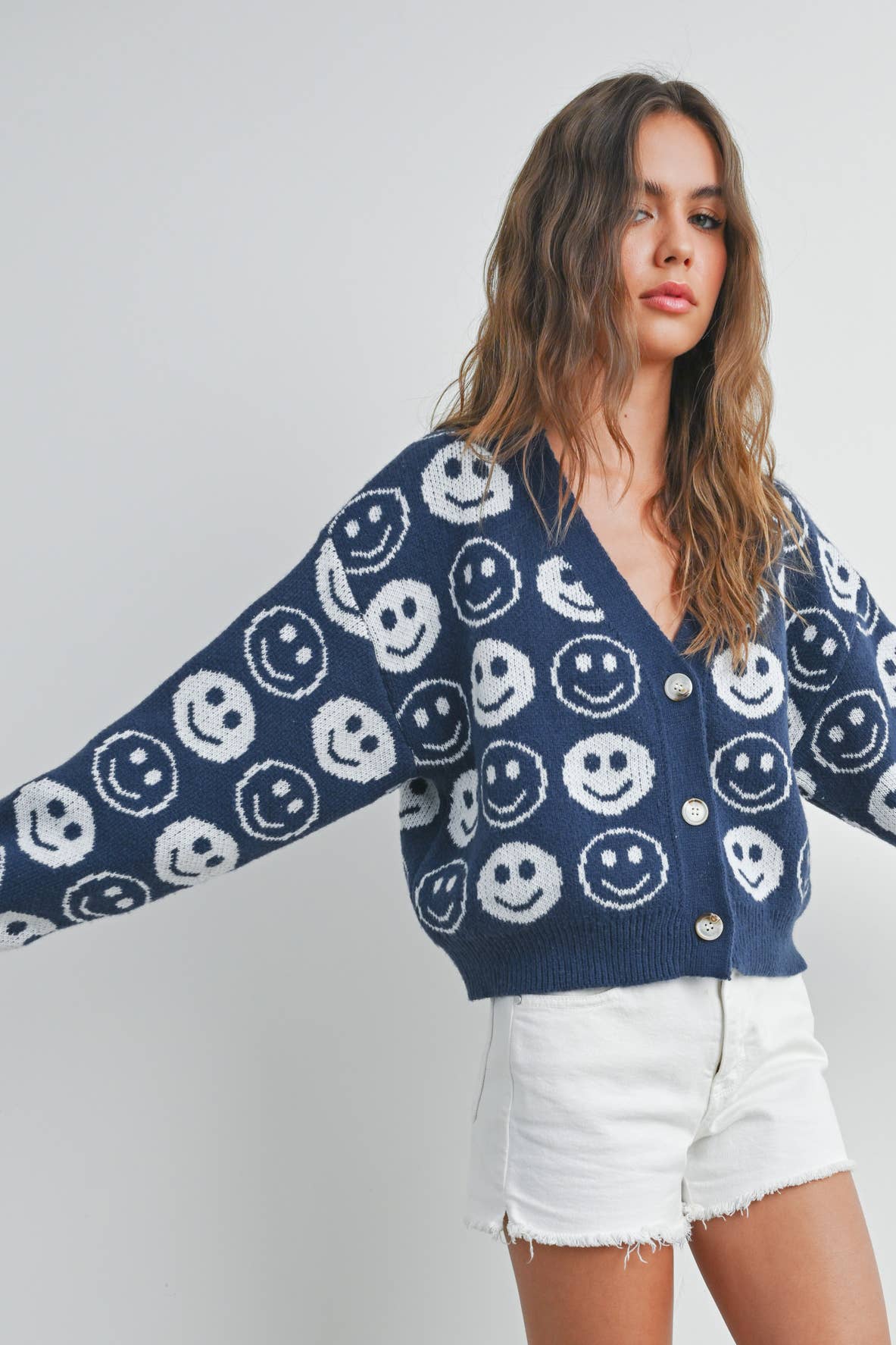 BMW7418 - SMILEY FACE RIBBED TRIM V-NECK CARDIGAN Blue