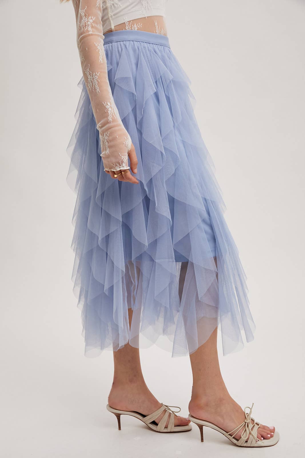 BluIvy SPIRIAL RUFFLED TULLE MIDI SKIRT