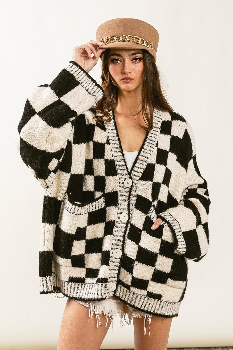 BiBi Patch Pockets Checkered Sweater Cardigan OVERSIZED