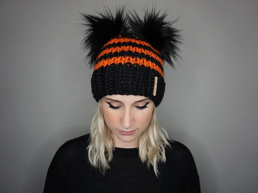 Stripe Double Pom Beanie in Orange and Black