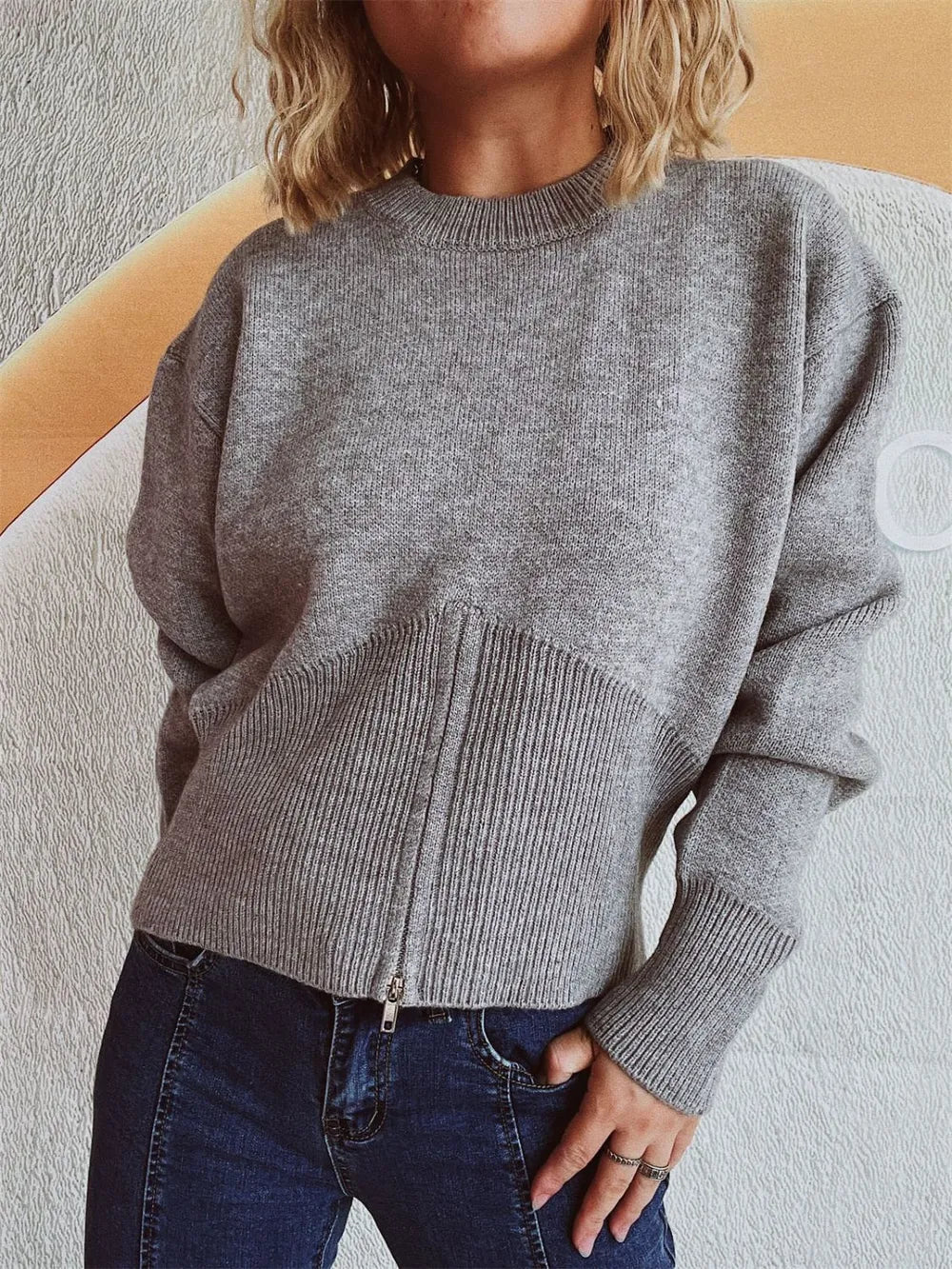Round Neck Half Zip Long Sleeve Sweater Gray