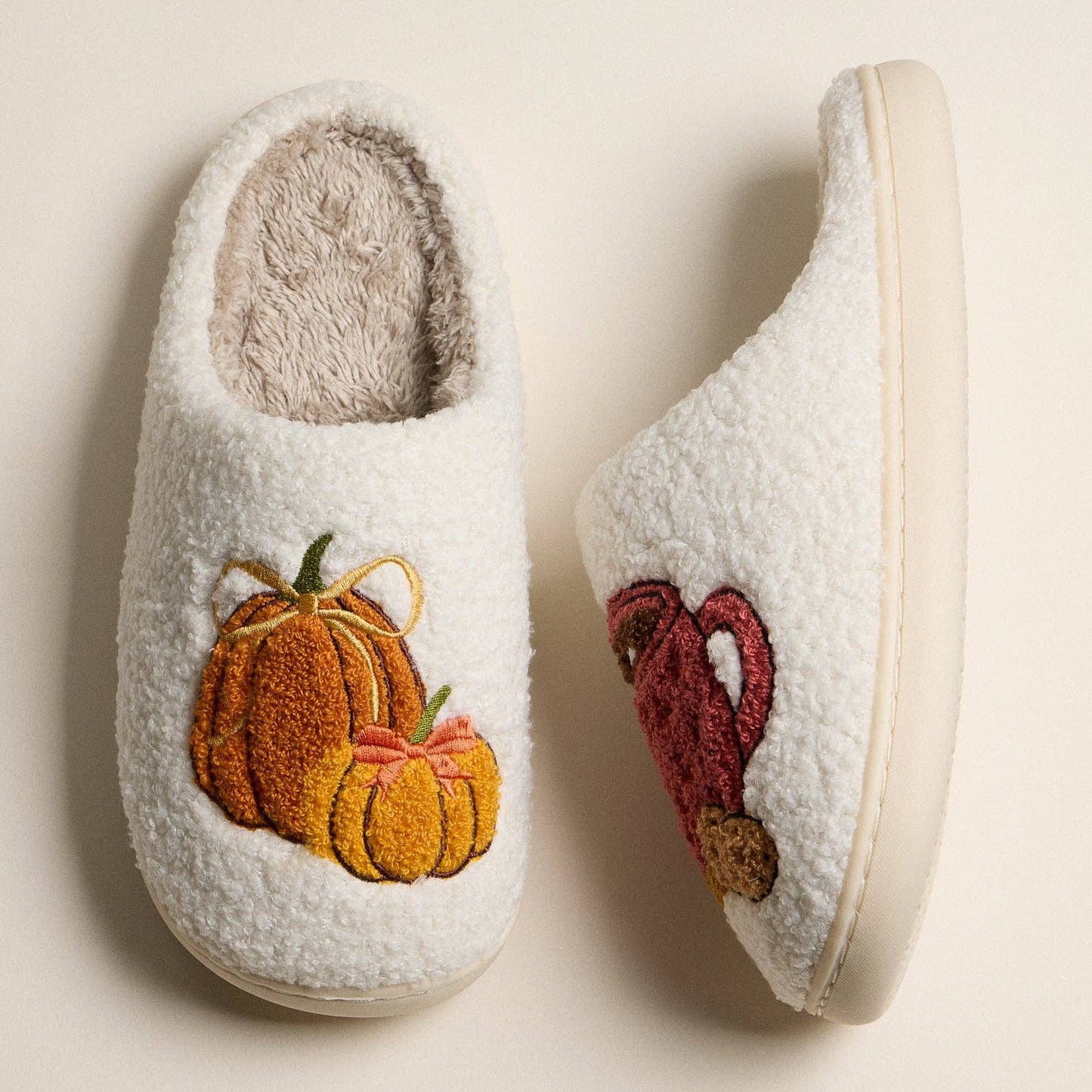 Fall Slippers with Pumpkin and Cocoa Mug Embroidery