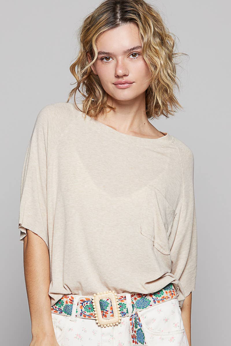 Vintage washed short sleeve front pocket solid top