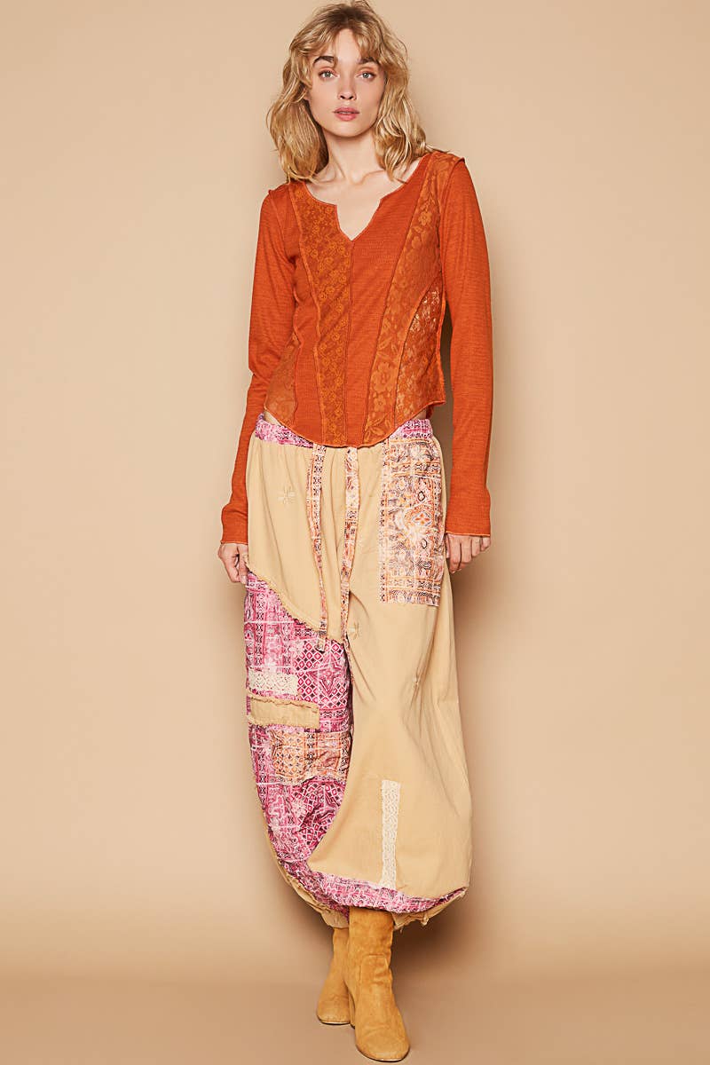 POL Floral print patchwork twill joger pants