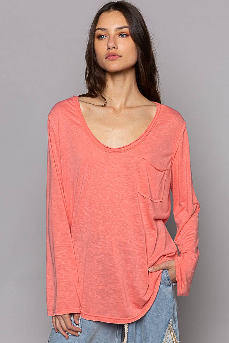Pocket front long sleeve boat neck slub knit tee SALE