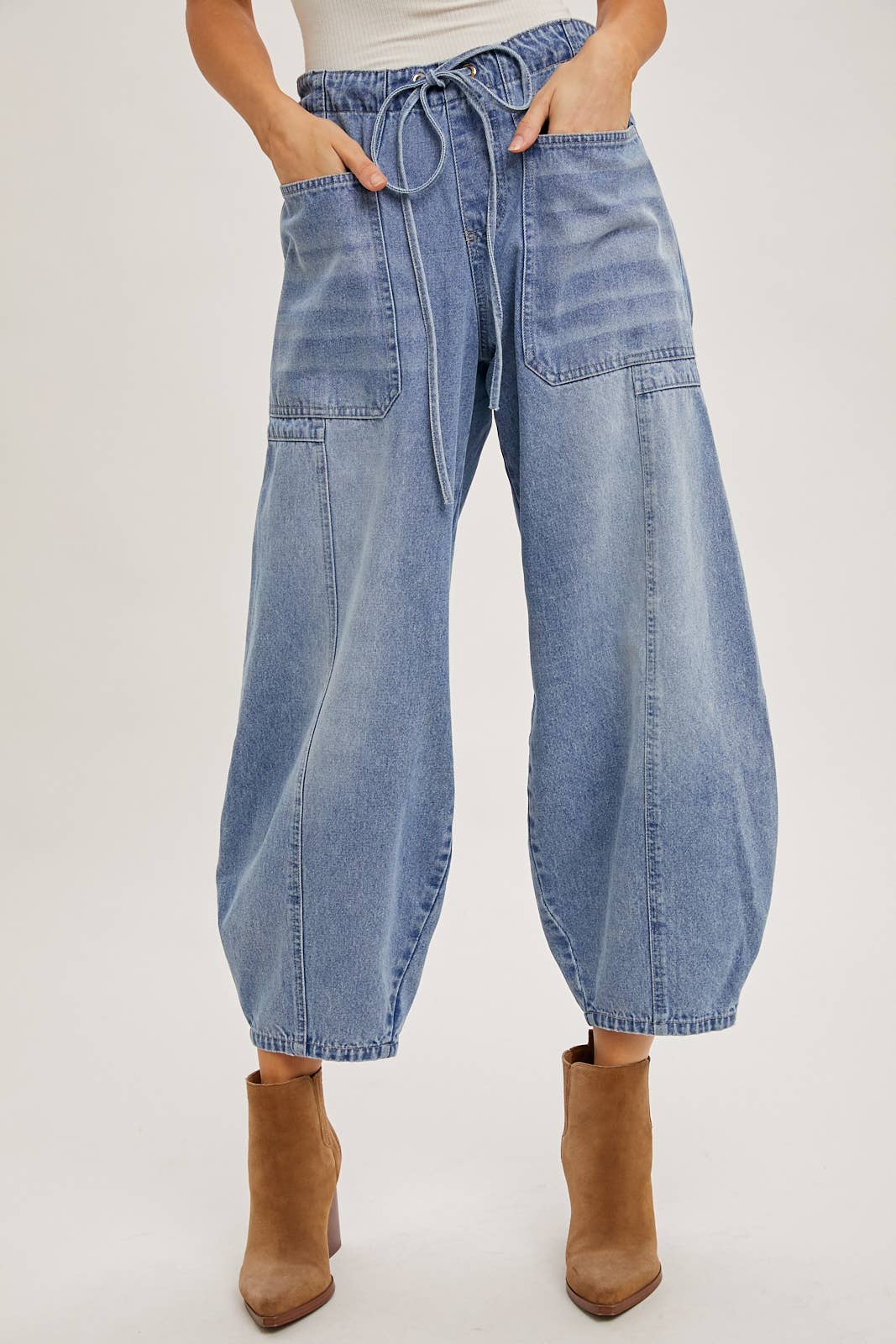 Bluivy DENIM MID-WAIST DRAWSTRINGS BARREL JEANS