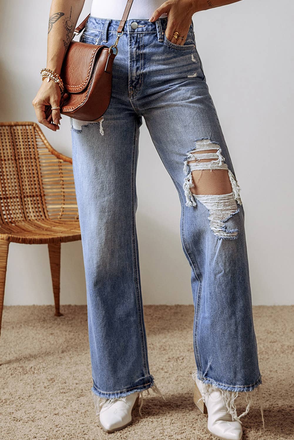 Blue Distressed Hem Straight Leg Denim Jeans