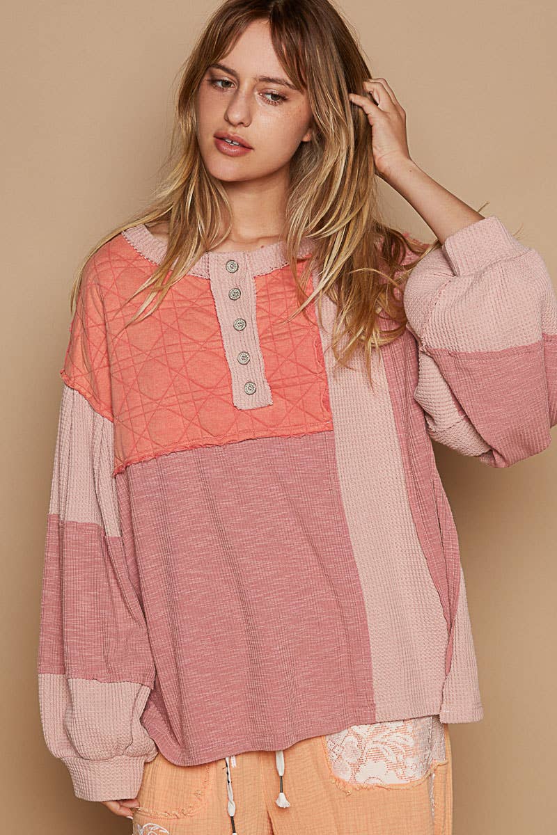 Round Neck Balloon Sleeve Thermal Contrast Knit Top