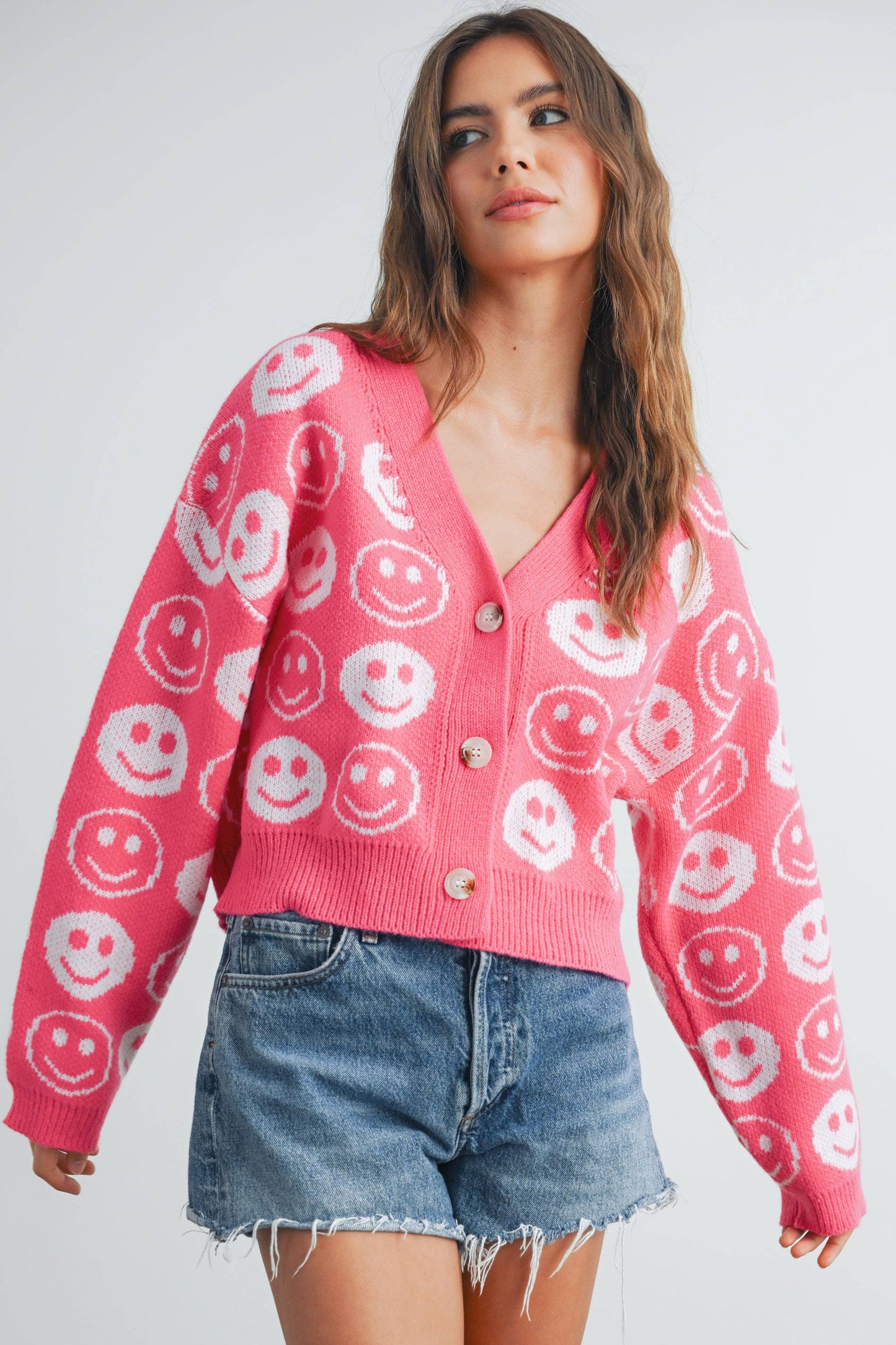 BMW7418 - SMILEY FACE RIBBED TRIM V-NECK CARDIGAN Blue