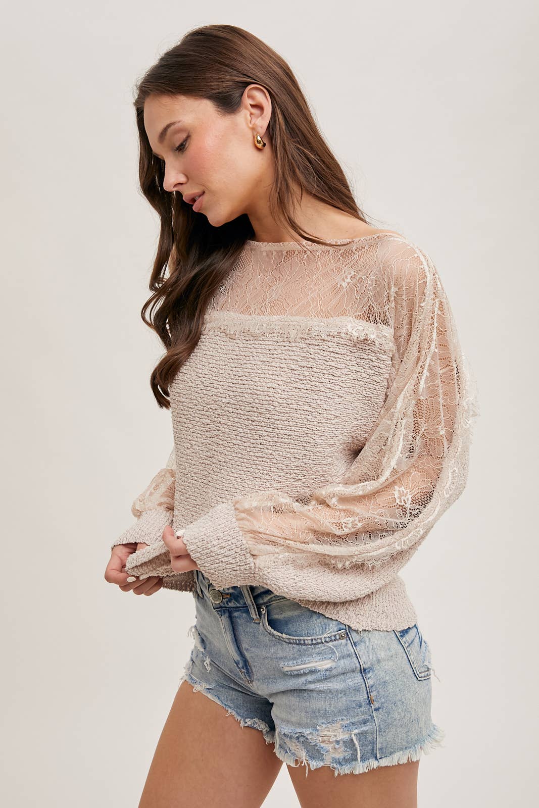 BOAT NECK LACE TRIMMED KNIT SWEATER