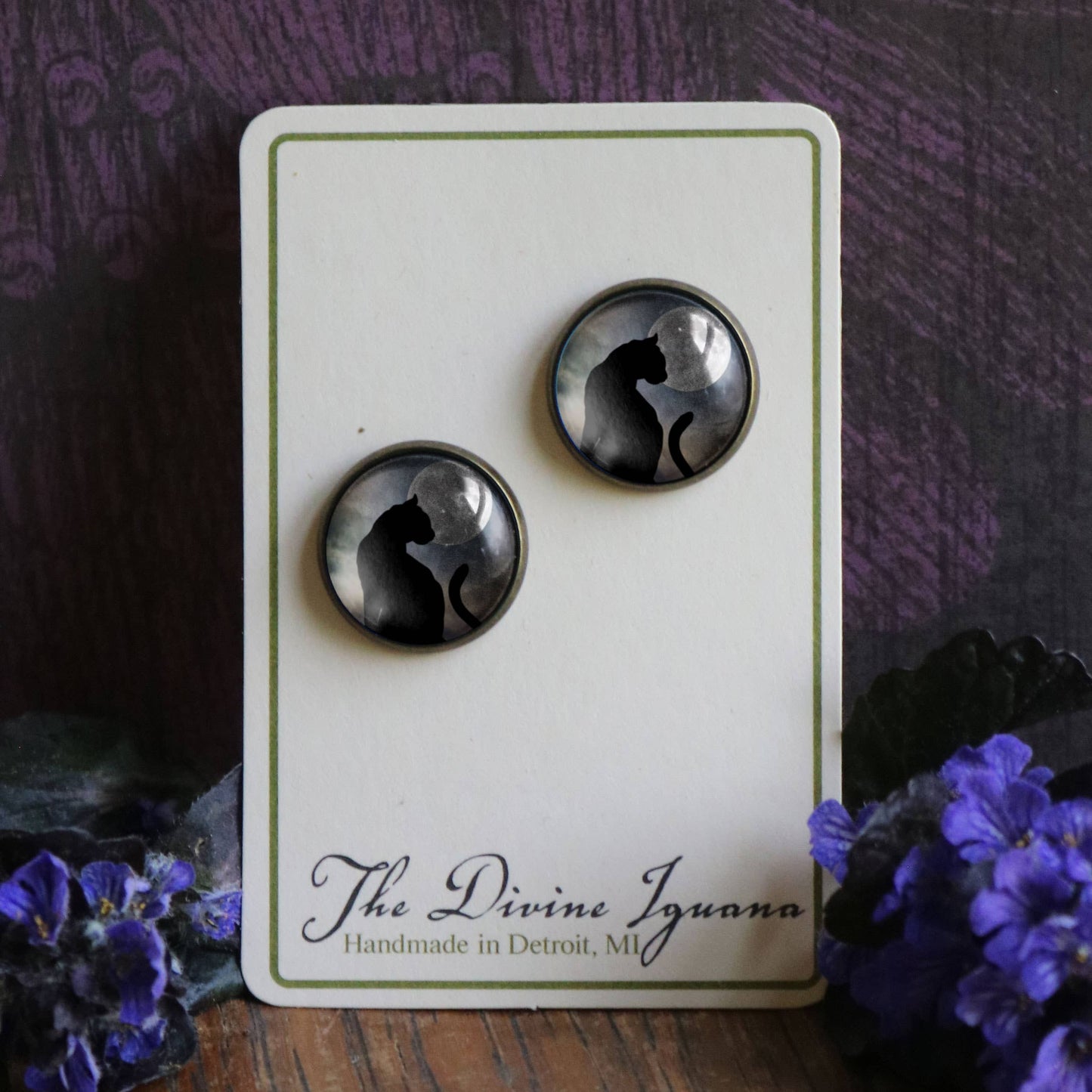 Black Cat and Full Moon Goth Halloween Post Earrings