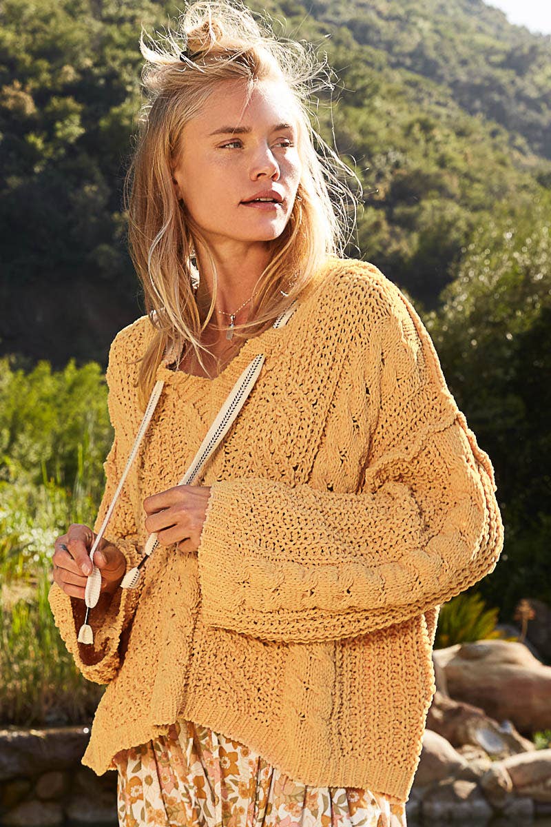 Oversize fit v-neck hooded cable knit chenille sweater