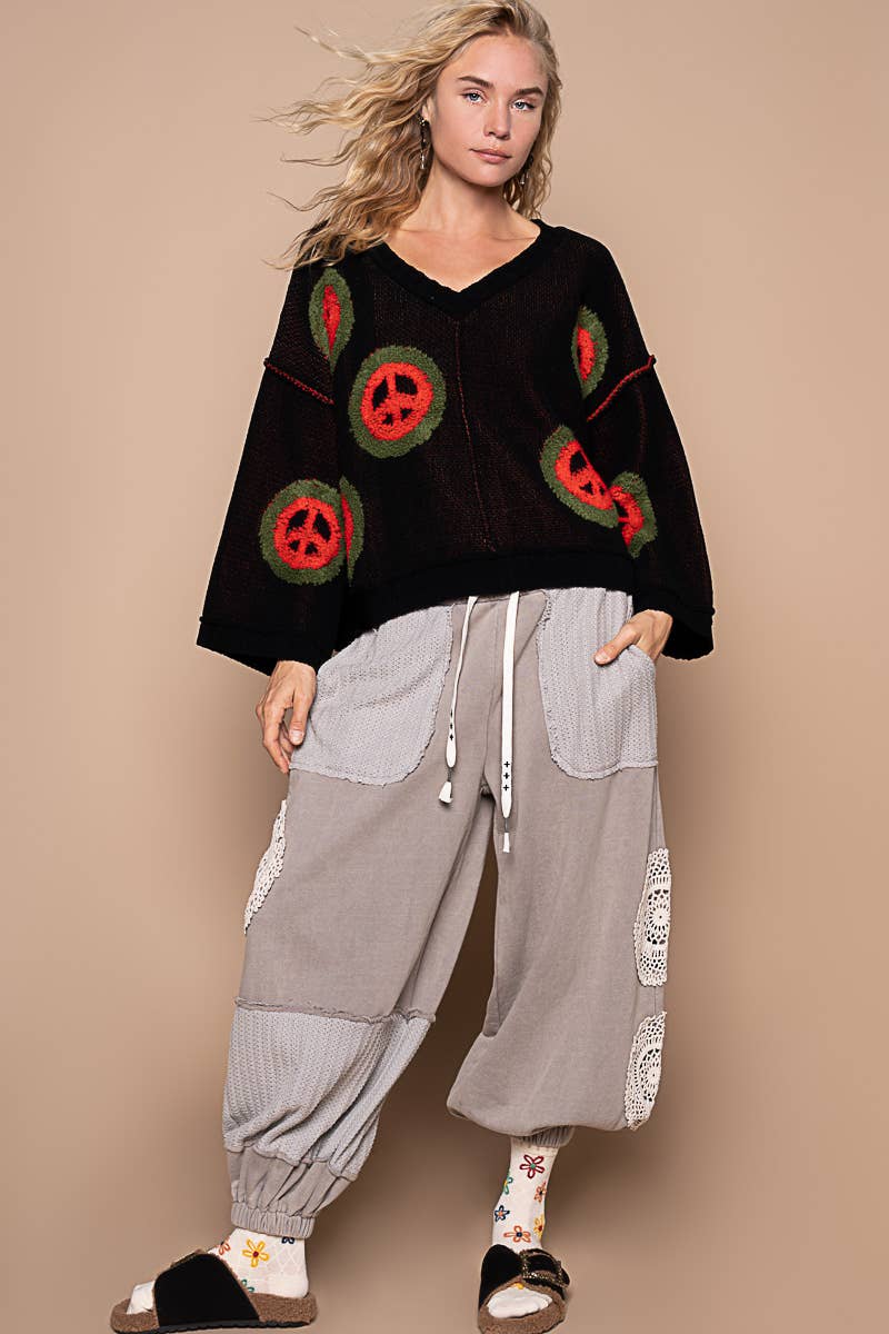 V neck long sleeve peace berber print sweater