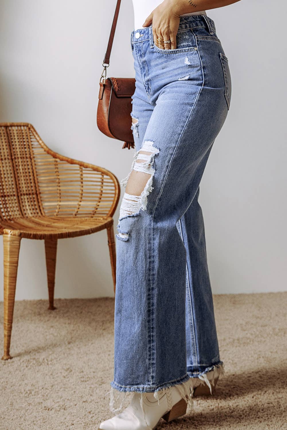 Blue Distressed Hem Straight Leg Denim Jeans