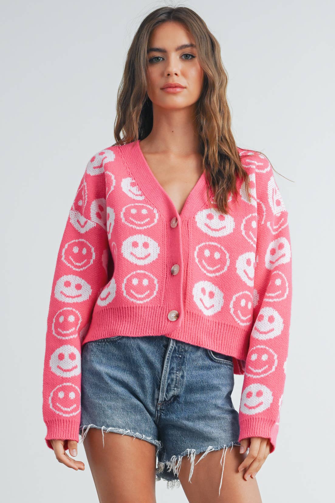 BMW7418 - SMILEY FACE RIBBED TRIM V-NECK CARDIGAN Blue