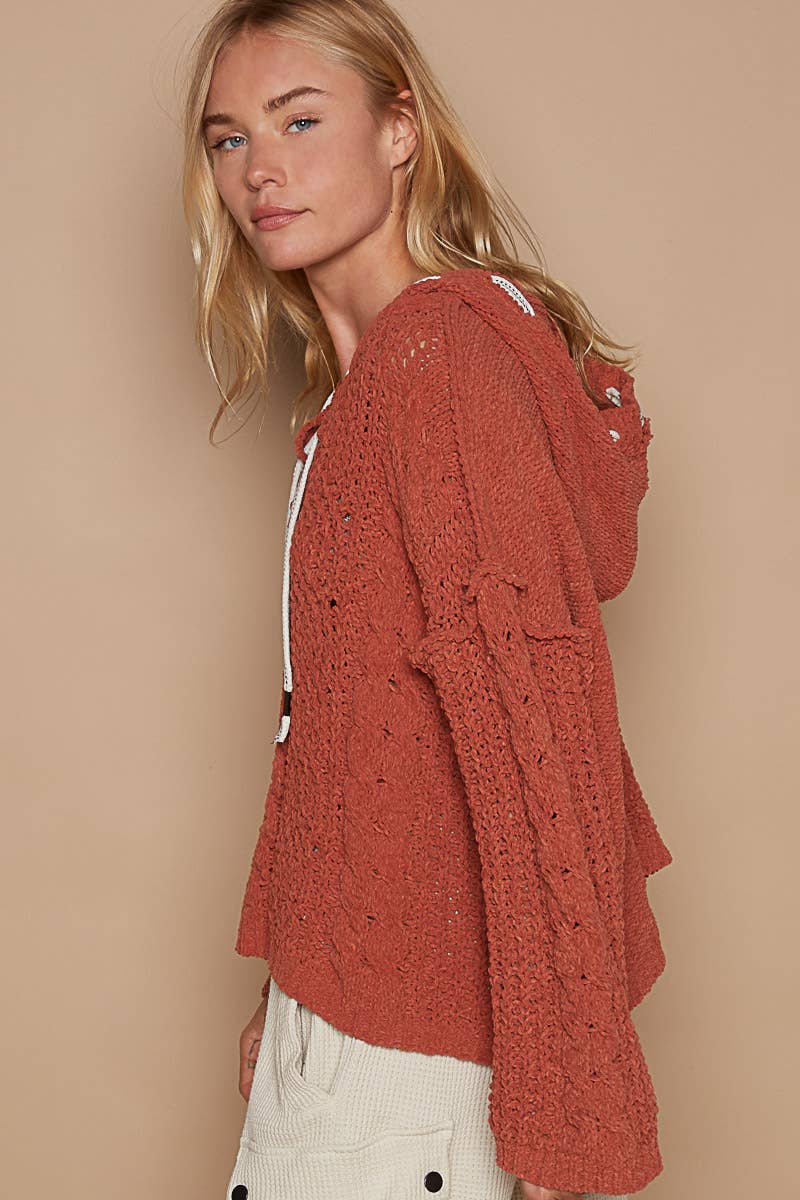 Oversize fit v-neck hooded cable knit chenille sweater