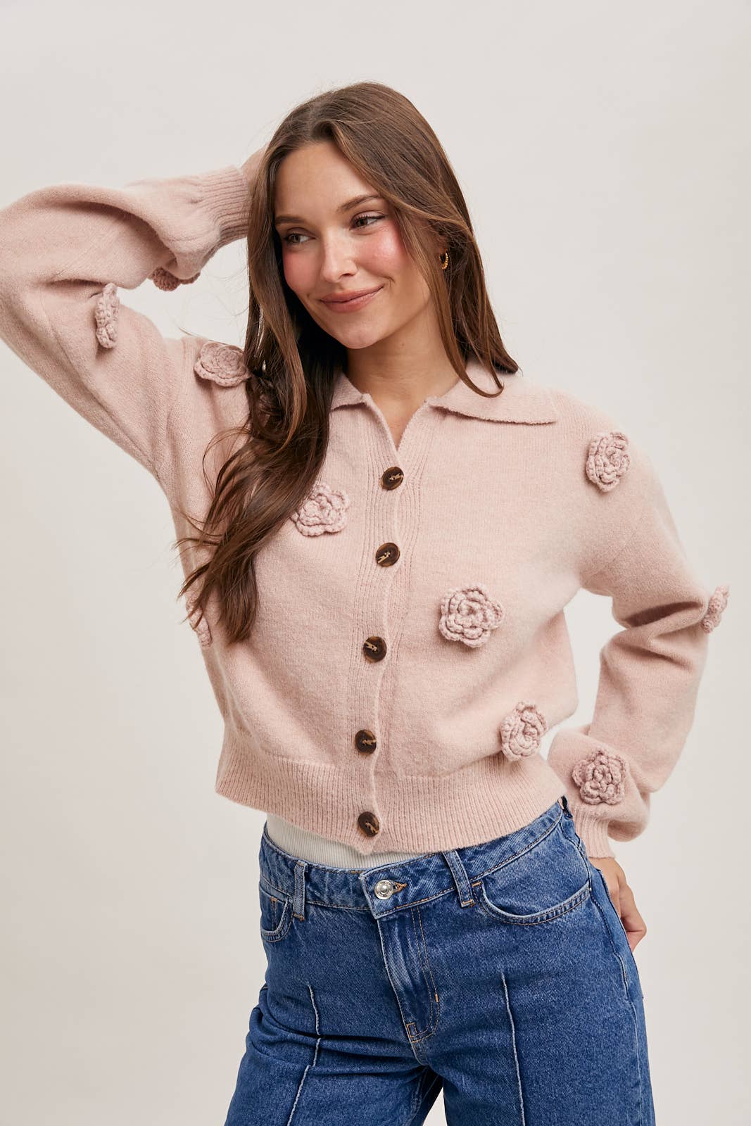 BLUIVY FLORAL EMBROIDERY BUTTON DOWN COLLAR KNIT CARDIGAN