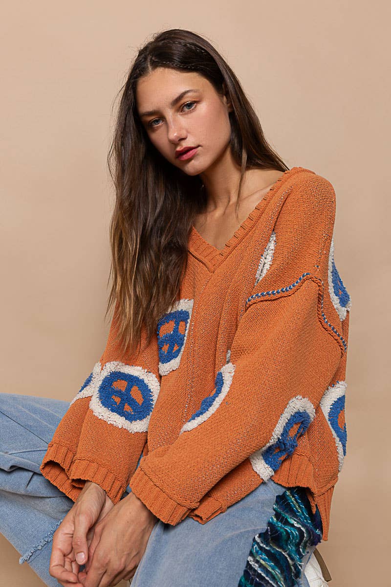 V neck long sleeve peace berber print sweater
