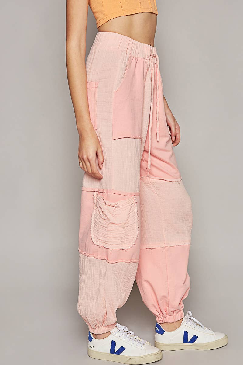 Contrast gauze open cargo pockets elastic waist joggers